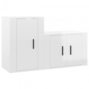 Set dulap TV, 2 piese, alb extralucios, lemn prelucrat - Img 2