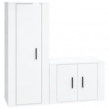 Set dulap TV, 2 piese, alb extralucios, lemn prelucrat - Img 2