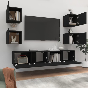 Set dulap TV, 6 piese, negru, lemn prelucrat - Img 3