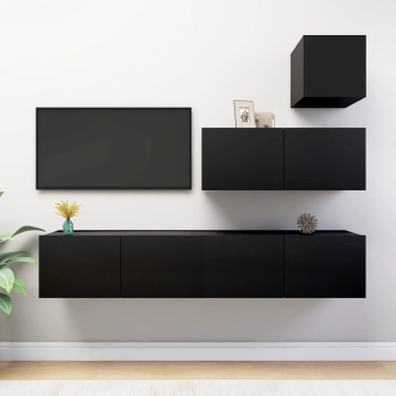 Set dulapuri TV, 4 piese, negru, lemn prelucrat - Img 1