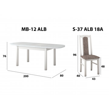 Set masa extensibila 160 x 200 cm cu 4 scaune tapitate, mb-12 venus1 si s-38 boss14 b18a, bialy, lemn masiv de fag, stofa - Img 6