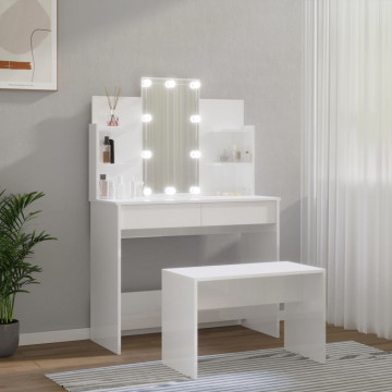 Set măsuță de toaletă cu LED, alb extralucios, lemn prelucrat - Img 4