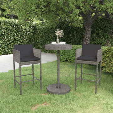 Set mobilier bar de grădină, cu perne, 3 piese, gri, poliratan - Img 1