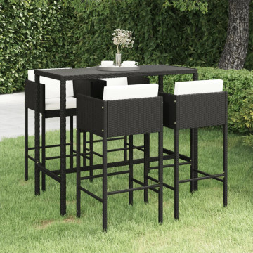 Set mobilier bar de grădină cu perne, 5 piese, negru, poliratan - Img 1