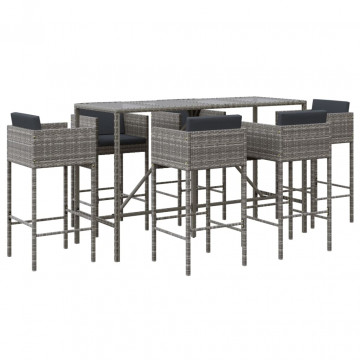Set mobilier bar de grădină cu perne, 7 piese, gri, poliratan - Img 2