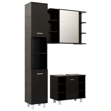 Set mobilier de baie, 3 piese, negru, lemn prelucrat - Img 2