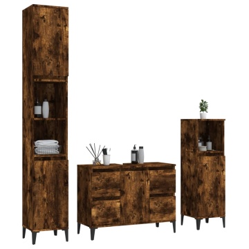 Set mobilier de baie, 3 piese, stejar fumuriu, lemn prelucrat - Img 3