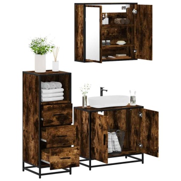 Set mobilier de baie, 3 piese, stejar fumuriu, lemn prelucrat - Img 1