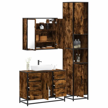 Set mobilier de baie, 3 piese, stejar fumuriu, lemn prelucrat - Img 1