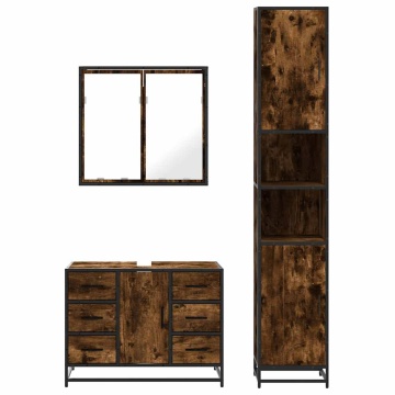 Set mobilier de baie, 3 piese, stejar fumuriu, lemn prelucrat - Img 8