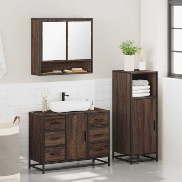 Set mobilier de baie, 3 piese, stejar maro, lemn prelucrat - Img 4