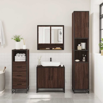 Set mobilier de baie, 3 piese, stejar maro, lemn prelucrat - Img 3