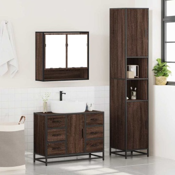 Set mobilier de baie, 3 piese, stejar maro, lemn prelucrat - Img 4