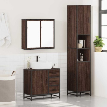 Set mobilier de baie, 3 piese, stejar maro, lemn prelucrat - Img 4