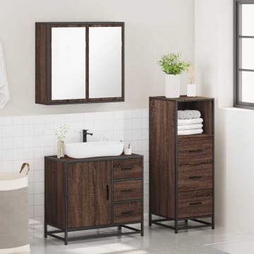 Set mobilier de baie, 3 piese, stejar maro, lemn prelucrat - Img 4