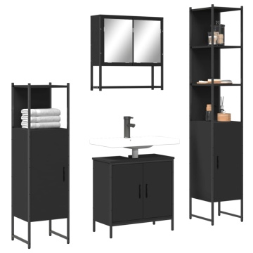 Set mobilier de baie, 4 piese, negru, lemn prelucrat - Img 1