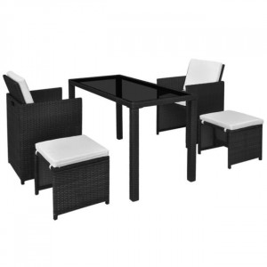 Set mobilier de exterior cu perne, 5 piese, negru, poliratan - Img 3