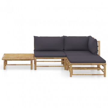 Set mobilier de grădină, 4 piese, perne gri închis, bambus - Img 2