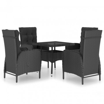 Set mobilier de grădină, 5 piese, negru, poliratan și sticlă - Img 2