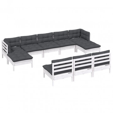 Set mobilier de grădină cu perne, 10 piese, alb, lemn de pin - Img 3