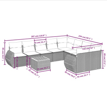 Set mobilier de grădină cu perne, 10 piese, gri, poliratan - Img 3