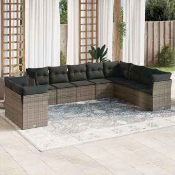 Set mobilier de grădină cu perne, 10 piese, gri, poliratan - Img 1