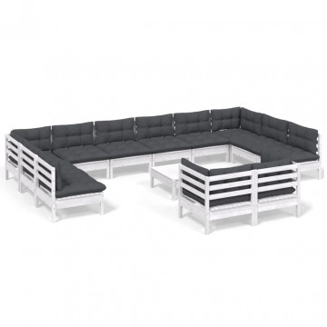 Set mobilier de grădină cu perne, 13 piese, alb, lemn de pin - Img 2