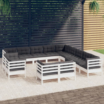 Set mobilier de grădină cu perne, 13 piese alb, lemn masiv pin - Img 1