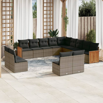 Set mobilier de grădină cu perne, 13 piese, gri, poliratan - Img 1