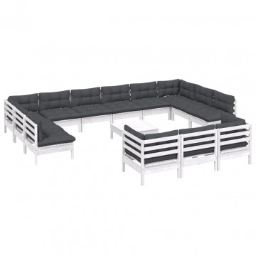 Set mobilier de grădină cu perne, 14 piese, alb, lemn masiv pin - Img 3