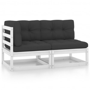 Set mobilier de grădină cu perne, 2 piese, alb, lemn masiv pin - Img 1