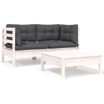 Set mobilier de grădină cu perne, 3 piese, alb, lemn masiv pin - Img 1