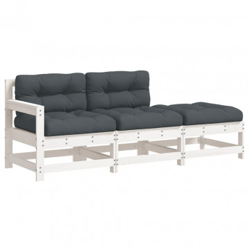 Set mobilier de grădină cu perne, 3 piese, alb, lemn masiv - Img 2