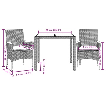 Set mobilier de grădină cu perne 3 piese gri poliratan & sticlă - Img 6