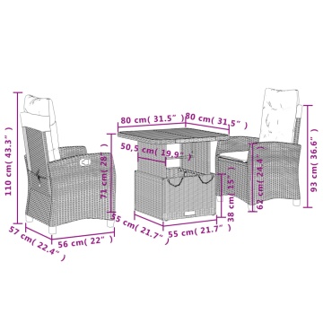 Set mobilier de grădină cu perne, 3 piese, negru, poliratan - Img 7