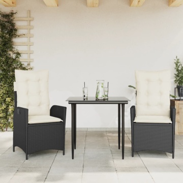 Set mobilier de grădină cu perne, 3 piese, negru, poliratan - Img 1