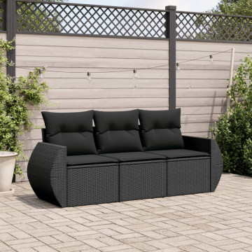 Set mobilier de grădină cu perne, 3 piese, negru, poliratan - Img 1