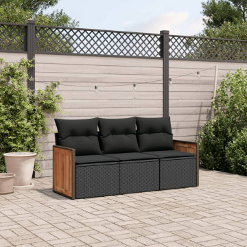 Set mobilier de grădină cu perne, 3 piese, negru, poliratan - Img 1
