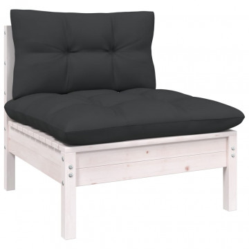 Set mobilier de grădină cu perne, 5 piese, alb, lemn masiv pin - Img 4