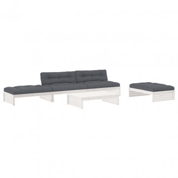 Set mobilier de grădină cu perne, 5 piese, alb, lemn masiv - Img 2
