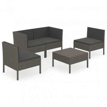 Set mobilier de grădină cu perne, 5 piese, gri, poliratan - Img 2