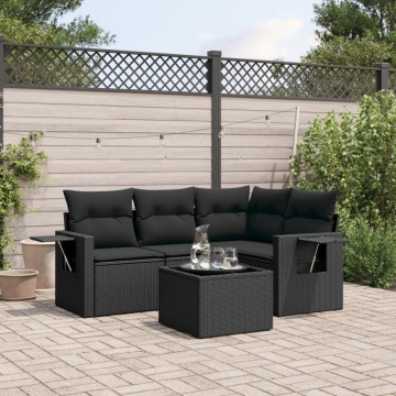 Set mobilier de grădină cu perne, 5 piese, negru, poliratan - Img 1