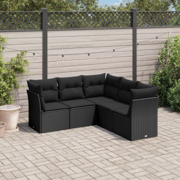 Set mobilier de grădină cu perne, 5 piese, negru, poliratan - Img 1