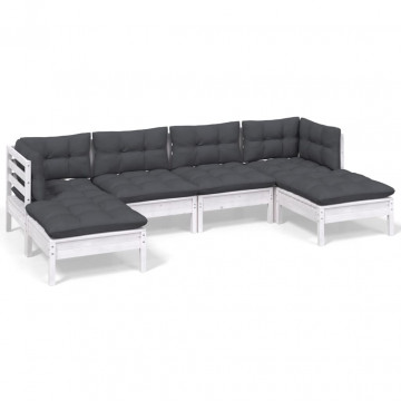 Set mobilier de grădină cu perne, 6 piese, alb, lemn de pin - Img 2