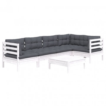 Set mobilier de grădină cu perne, 6 piese, alb, lemn de pin - Img 3