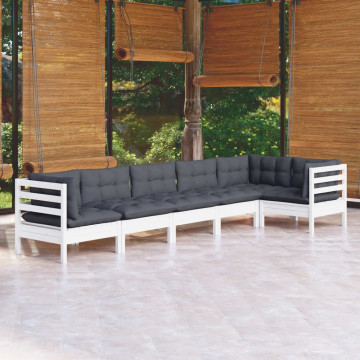 Set mobilier de grădină cu perne, 6 piese, alb, lemn de pin - Img 1