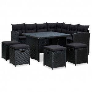 Set mobilier de grădină cu perne, 6 piese, negru, poliratan - Img 1