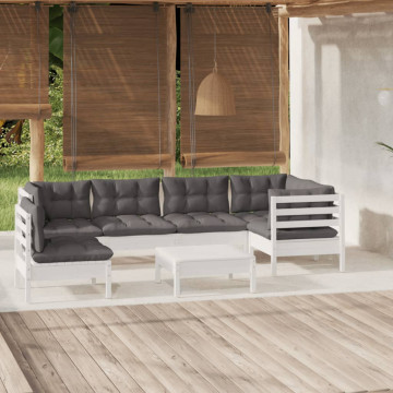 Set mobilier de grădină cu perne, 7 piese, alb, lemn de pin - Img 1