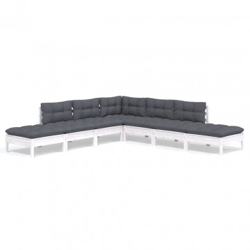 Set mobilier de grădină cu perne, 7 piese, alb, lemn masiv pin - Img 2