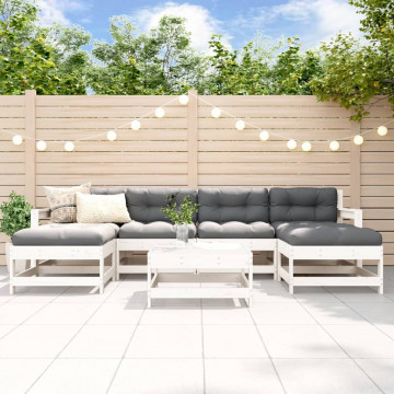 Set mobilier de grădină cu perne, 7 piese, alb, lemn masiv - Img 1